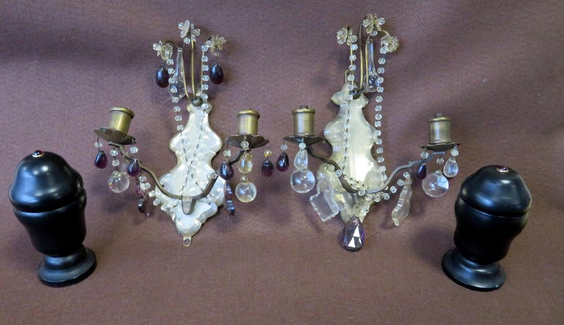 Two pair of decorative objects including: 1) A pair of: Two pair of decorative objects including: 1) A pair of fancy French style brass mirror back wall sconces draped with crystals and also crystals hanging below candle holders - some missing crystals, ol