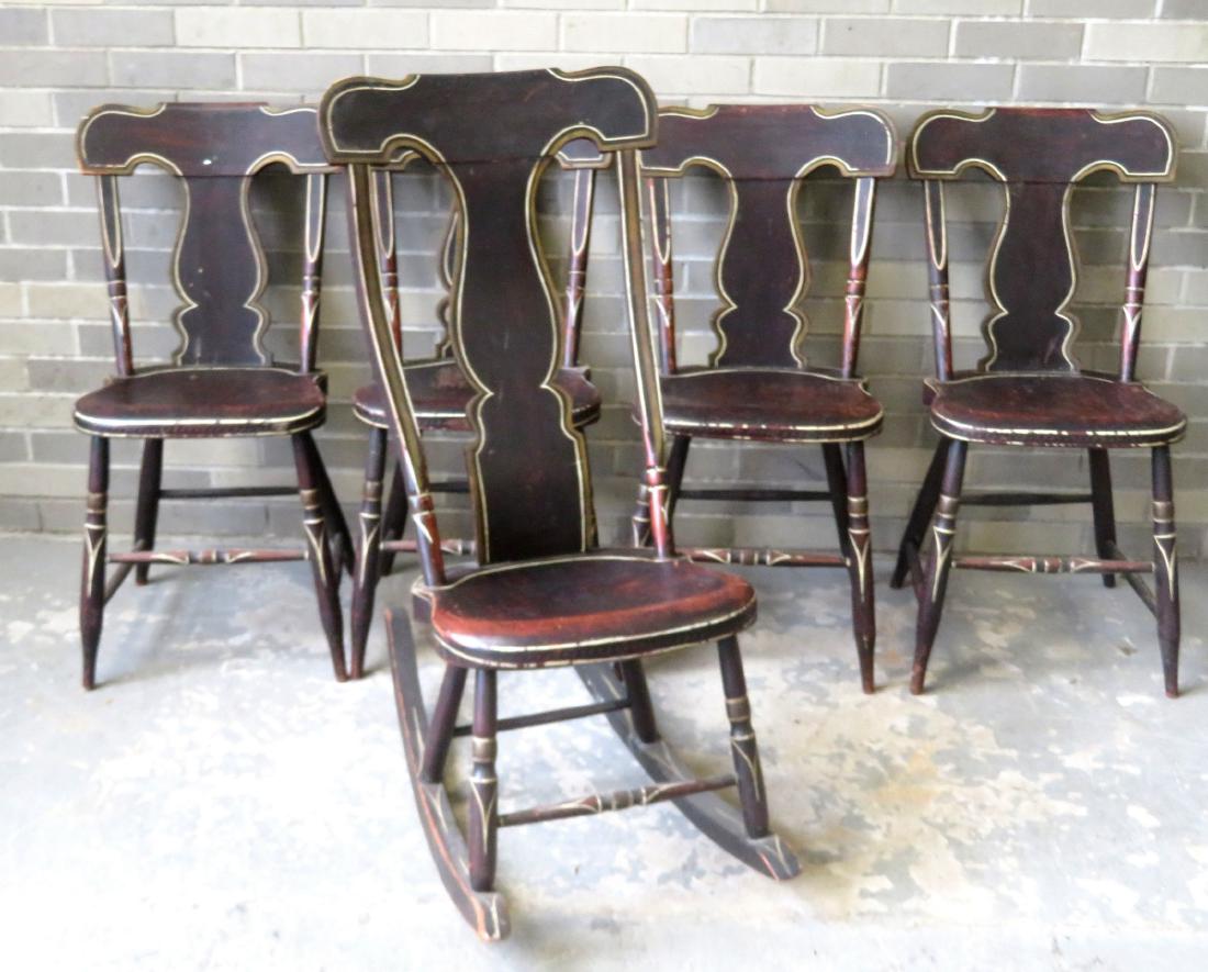 Set of 4 matching country chairs with matching rocker: Set of 4 matching country chairs with matching rocker in original paint with original yellow and white pin striping, Pennsylvania mid 19th century. All with minor use wear and in good condition.