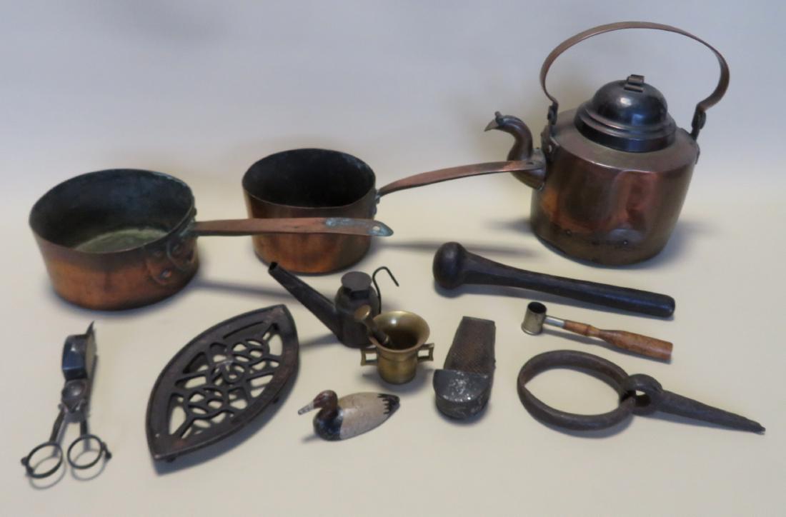 Grouping of 19th century country collectibles.: Grouping of 19th century country collectibles: Two hand made copper sauce pots, one with dovetailed base - 5 3/4"D x 3 1/2"H and 6 1/2"D x 3 1/4"D - used but in good condition; copper goose neck tea k