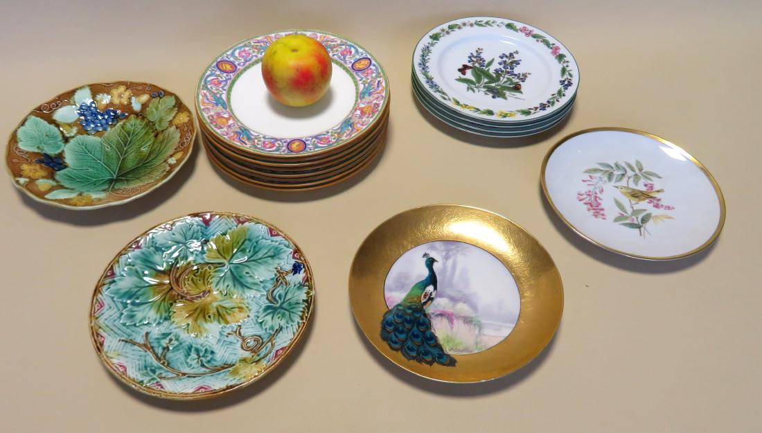 Grouping of vintage plates, Pickard, Mintons, etc.: Grouping of vintage plates including: A beautiful Pickard plate with hand painted Peacock on front surrounded by an etched gold border, signed E. Challinor - 2 tiny rim flakes, else very good conditio