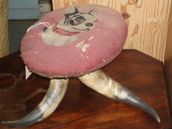 Cow Horn Stool with Needlework Portrait of Boston: Cow Horn Stool with Needlework Portrait of Boston Bull - extensive moth damage to needlepoint
