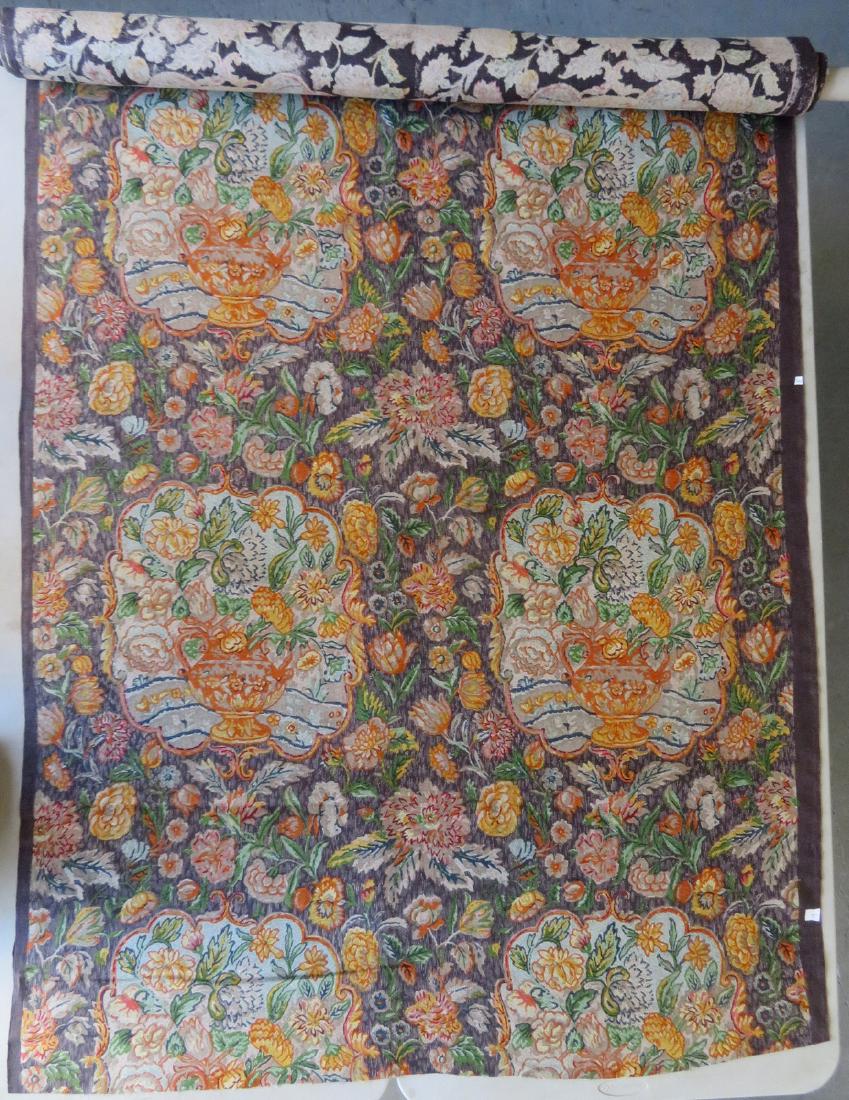 Bolt of cotton fabric with Rose Cumming attached label: Bolt of cotton fabric with Rose Cumming attached label - pattern marked "Brown Sunflower". Excellent unused condition. 9 Yards x 52 1/2"W. Though not marked on border, appears to be hand blocked.