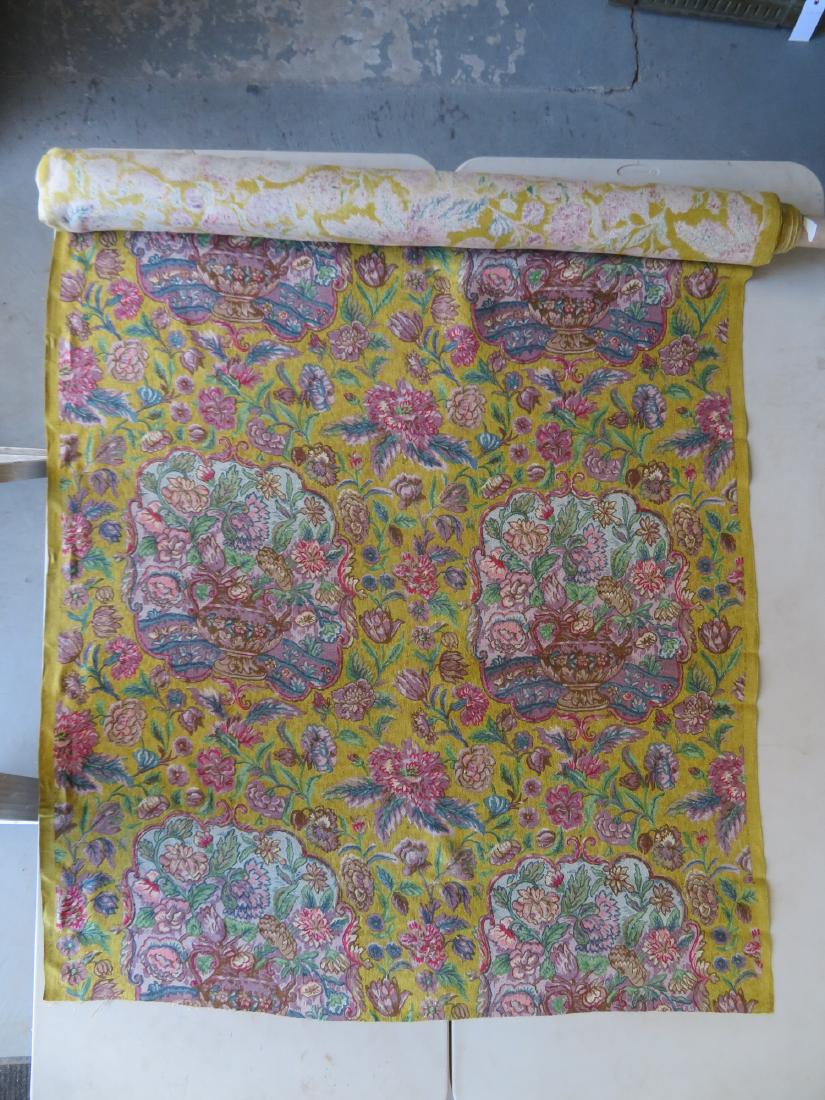 Bolt of cotton fabric with Rose Cumming attached label: Bolt of cotton fabric with Rose Cumming attached label - pattern marked "Brown Sunflower". Border also stamped "Hand Block". Excellent unused condition. 11 Yards x 52 1/2"W.