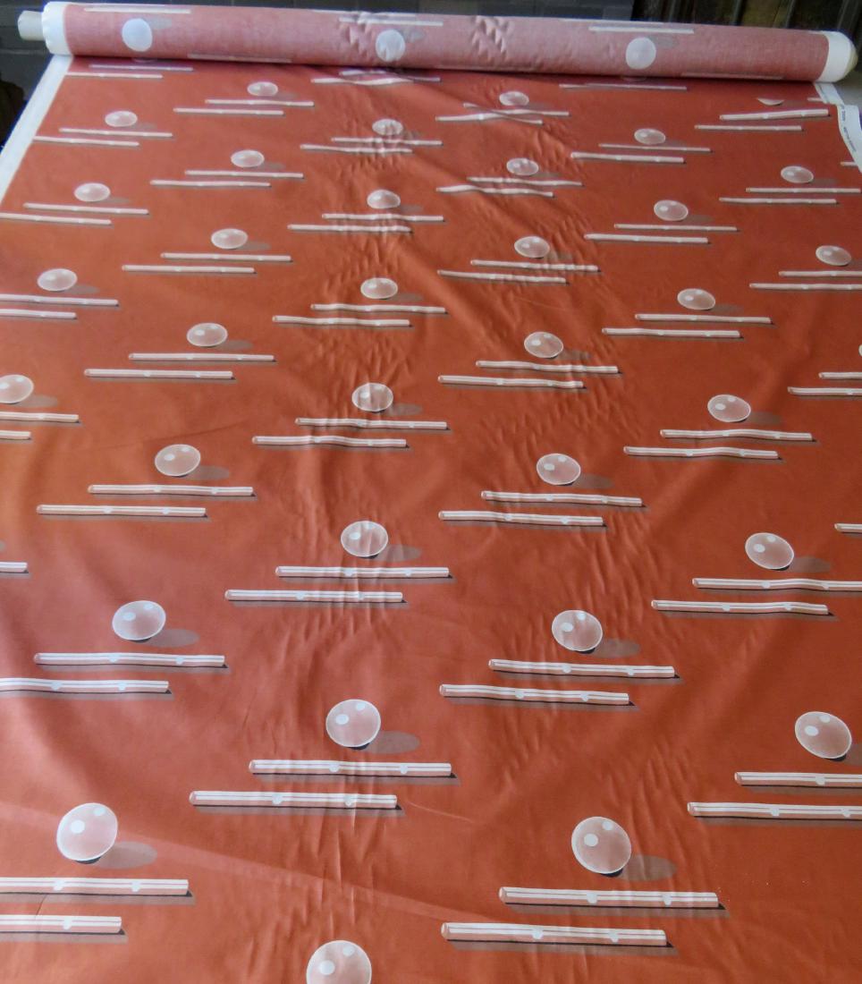 Bolt of modernistic design chintz fabric signed: Bolt of modernistic design chintz fabric signed "Japanese Balloon / Rose Cumming Chintzes, Ltd. / Copyright 1979". Excellent unused condition. 24 yards x 55"W.