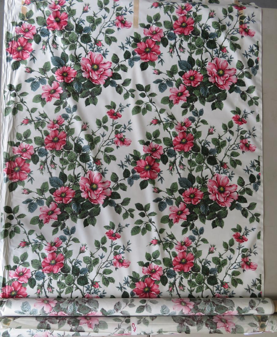 Two bolts of matching chintz fabric signed "Wild Rose /: Two bolts of matching chintz fabric signed "Wild Rose / Copyright 1978 / For Rose Cumming Chintzes, Ltd.". One bolt 12 yards x 52"W and the other bolt 13 yards x 52"W. Both with wrinkles on one side b