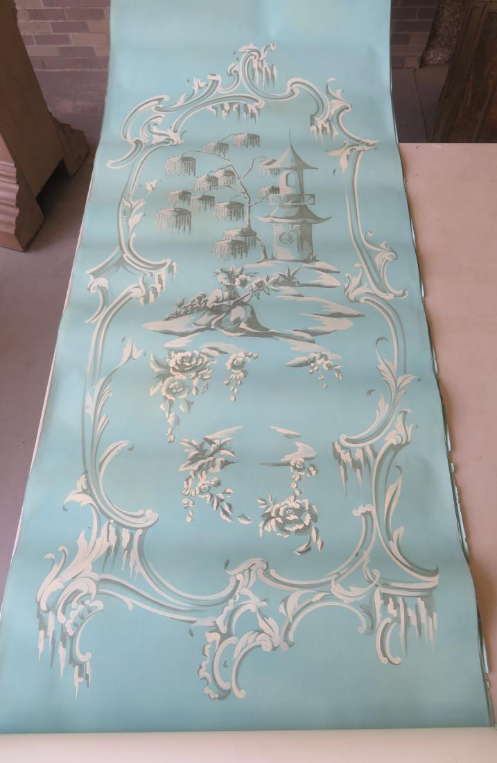 Six rolls of printed "Teal Chinoiserie" wall paper,: Six rolls of printed "Teal Chinoiserie" wall paper, from the estate of Rose Cumming (Famous NY City decorator, 1887-1968), marked "British Made"- Each sheet 12'L x 40"W - one large oriental pattern on