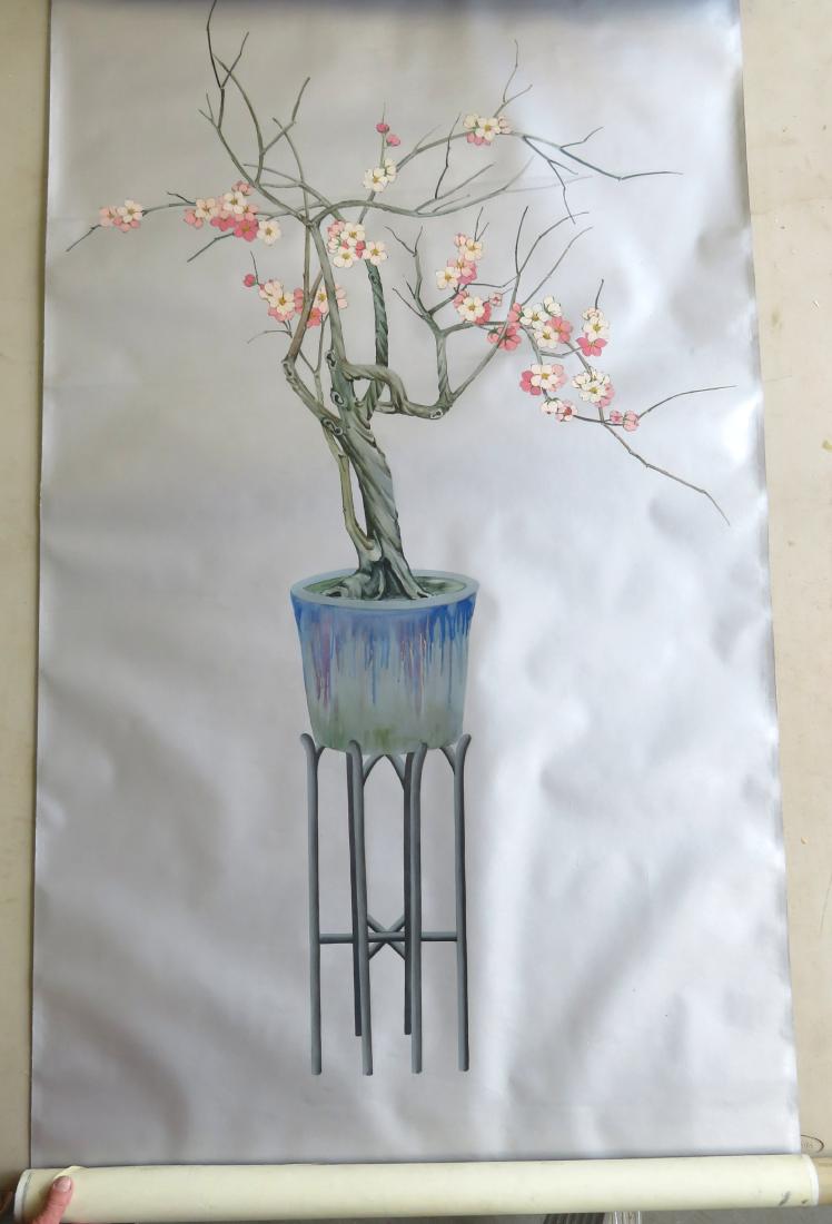 Two rolls of hand painted watercolor wallpaper from the: Two rolls of hand painted watercolor wallpaper from the estate of Rose Cumming (Famous NY City decorator, 1887-1968), depicting a cherry tree in pot on a silver ground - 12'L x 40"W. One roll in very 