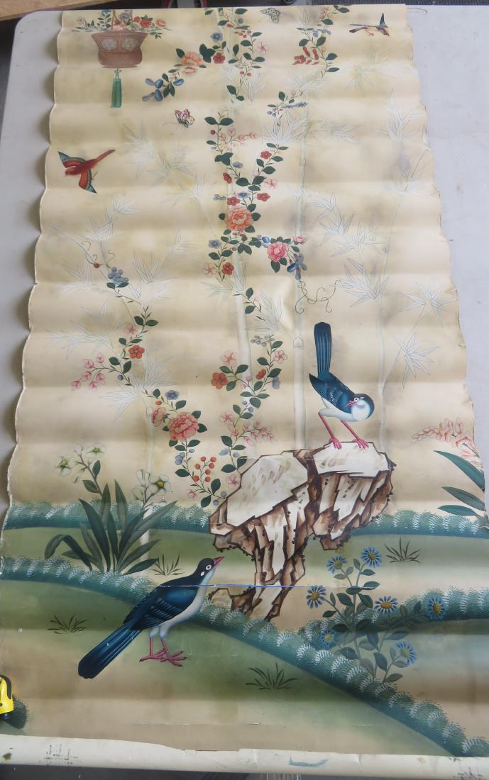 A roll of hand painted watercolor wallpaper from the: A roll of hand painted watercolor wallpaper from the estate of Rose Cumming (Famous NY City decorator, 1887-1968), depicting 2 exotic birds on rock ledge, other birds in sky with butterfly and an orna