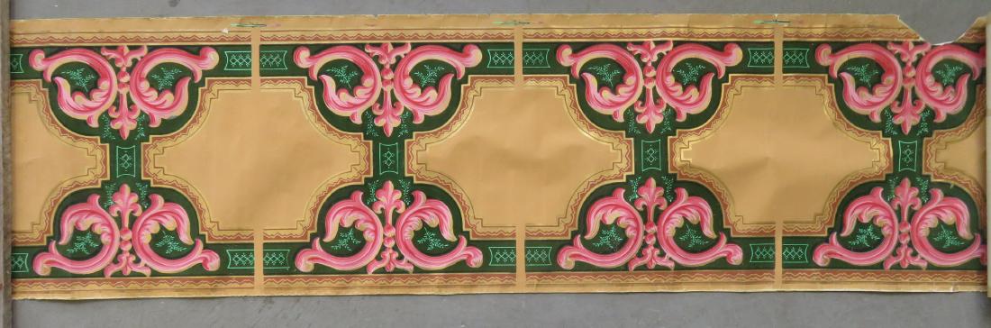 Three rolls of classical wallpaper borders from the: Three rolls of classical wallpaper borders from the estate of Rose Cumming (Famous NY City decorator, 1887-1968). The wallpaper, in an architectural pattern, having pink/red scrolls and light green sp