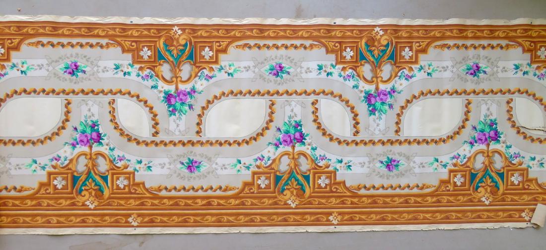 Two large rolls of printed wallpaper from the estate of: Two large rolls of printed wallpaper from the estate of Rose Cumming (Famous NY City decorator, 1887-1968), including: 1) A classical architectural pattern - 36' x 19 3/4"W - some losses on end, minor