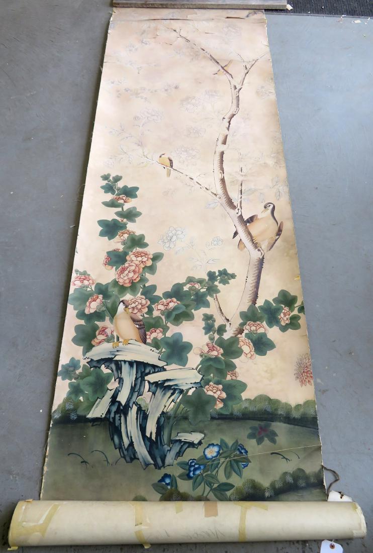 Roll of hand painted watercolor Chinoiserie English: Roll of hand painted watercolor Chinoiserie English wallpaper decorated with a 4 birds, 2 flowering trees and a rock ledge from the estate of Rose Cumming (Famous NY City decorator, 1887-1968), late 1