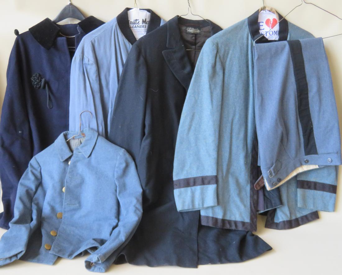 Grouping of 5 mostly vintage military garments: Grouping of 5 mostly vintage military garments including a heavy wool military cape - late 19th to early 20th century, a gent's long coat - 19th century, a West Point style pants & jacket outfit with