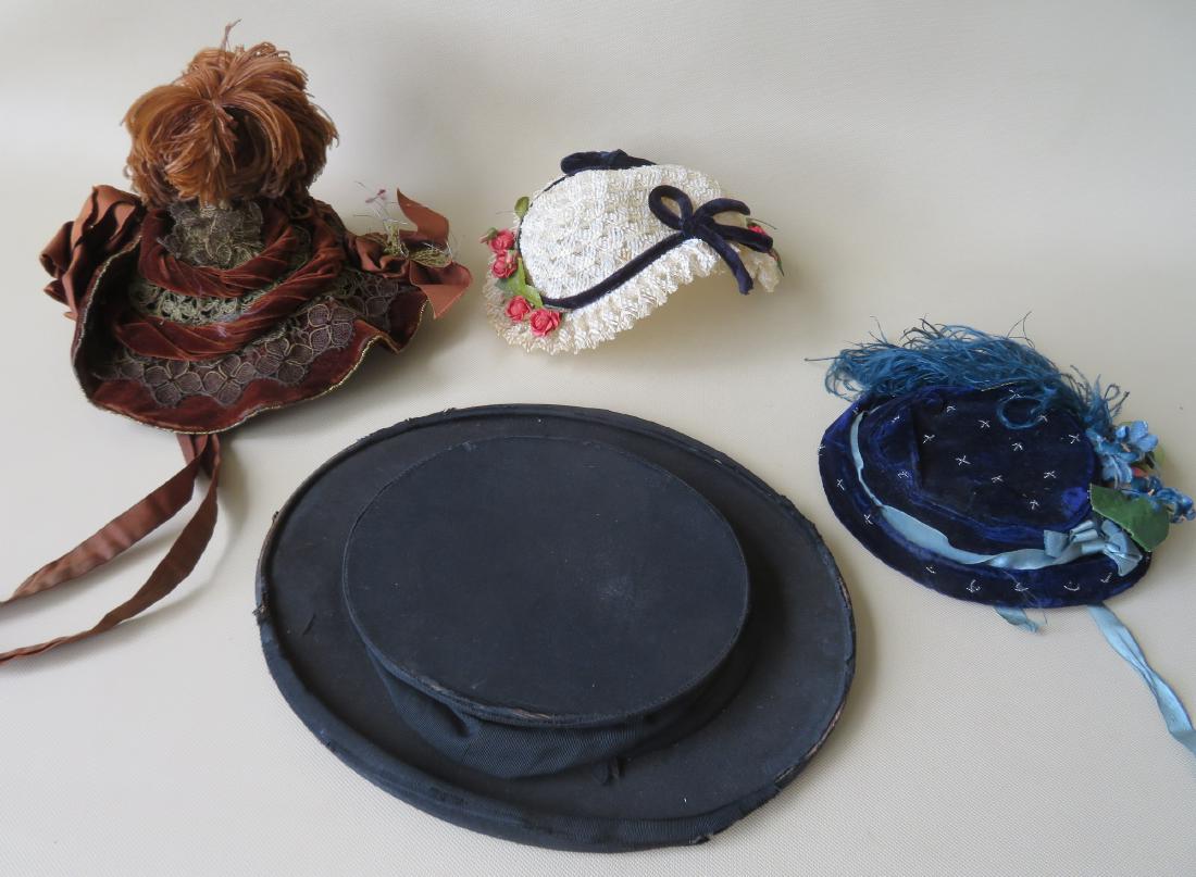 Grouping of 4 vintage hats/bonnets including three: Grouping of 4 vintage hats/bonnets including three beautiful 19th century lady's bonnets in very good condition, and 1 collapsible top hat - wear around edge of rims, else good condition. One bonnet s