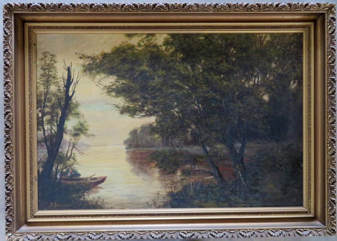 O/C Country landscape with trees and rowboat with: O/C Country landscape with trees and rowboat with figures on shore of river, signed E. Duncan. Late 19th to early 20th century. The painting is in very good condition and the gesso frame all original
