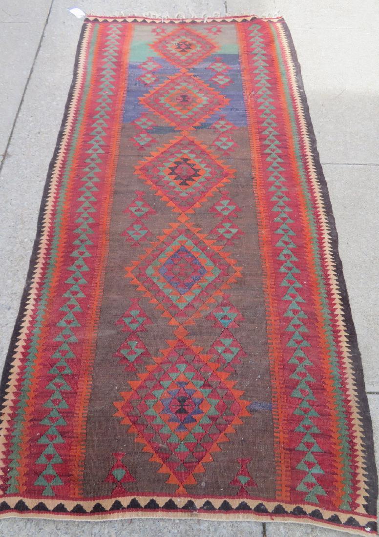 Large Afghan kilim tribal rug, late 19th to early 20th: Large Afghan kilim tribal rug, late 19th to early 20th century. 9' 7" x 4' 8". One small 1" x 1" with noticeable losses (moth damage), several other areas with slight wool loss.