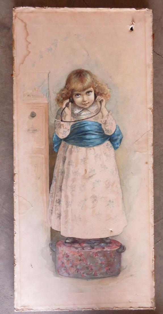W/C Portrait of a young girl standing on cast iron pot: W/C Portrait of a young girl standing on cast iron pot listening to a phonograph with ear phones - the watercolor on paper applied to a thin canvas backing mounted on stretcher - punctured paper upper
