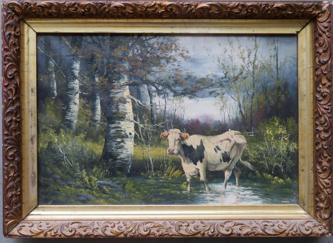 O/C Pastoral landscape with a black and white Guernsey: O/C Pastoral landscape with a black and white Guernsey cow standing in a pool of water adjacent to white birch trees - stretcher size 18" x 12", frame size 21 1/2" x 15 1/2" - very good condition incl
