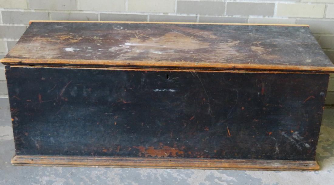 Blanket box in original blue/green paint. While it: Blanket box in original blue/green paint. While it retains its original butt hinges, the lid has been removed and shows extensive wear, and is partially repaired in the hinged area. See photos for mor