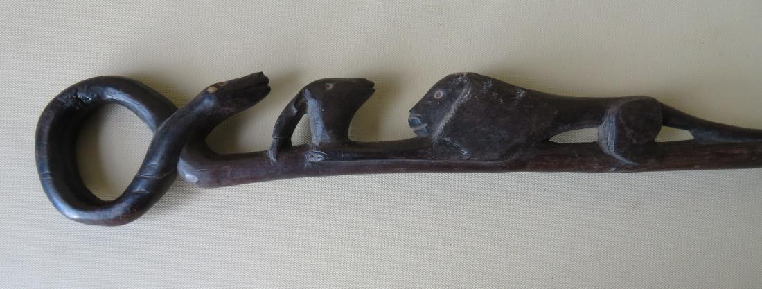 Carved wooden cane depicting a full figure lion, an: Carved wooden cane depicting a full figure lion, an Ibis head and having a carved snake handle, probably ironwood, late 19th to early 20th century. Unknown origin. Size 35 3/4"H. Some stains on side, 