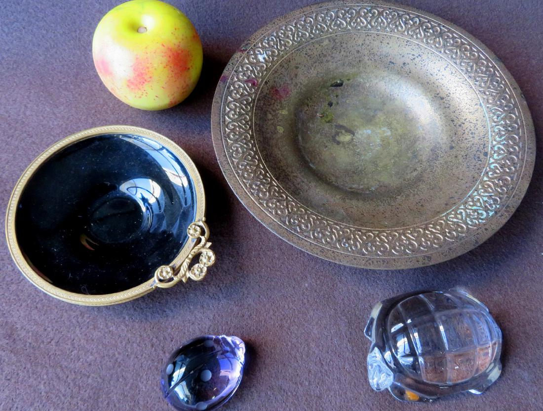 Grouping of 4 decorative objects including a signed: Grouping of 4 decorative objects including a signed Tiffany Studios #1707 bronze plate - 9"D - good condition; a small polished onyx glass dish with fancy bronze border, late 19th to early 20th centur