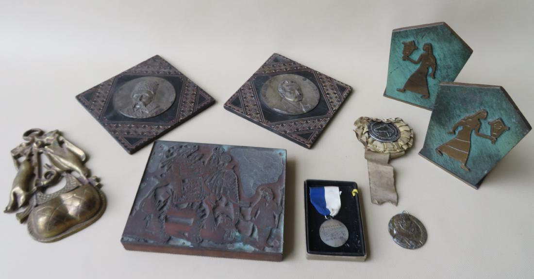 Grouping of decorative objects including 2: Grouping of decorative objects including 2 commemorative plaque - Ibah Pahko 1856-1916 & Tapac Webehko 1814-1861, old circus print block entitled "Great Nye & Riley Combined Moral Show" - elephant and