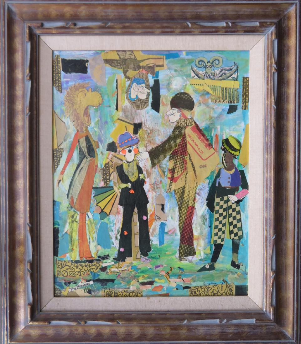Two modernistic mixed media collages on board.: Two modernistic mixed media collages on board: 1) Whimsical characters in cityscape, text fragment in composition reads "The Mixables", signed Lucy Ayers '73 - sight size 15 1/2" x 19 1/4 " - frame si