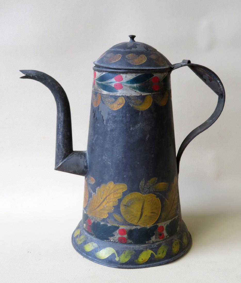 Toleware light house coffee pot with original floral: Toleware light house coffee pot with original floral decorations on a black ground - some losses to paint, but overall good condition. 10 3/4"H x 10"W. Provenance: From the estate of Elliot Steckel, S
