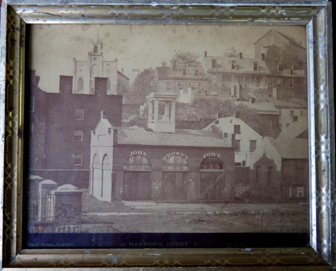 Rare photo of John Brown: Rare photo of John Brown's Fort and surrounding buildings, entitled "Harper's Ferry" by "W.C. Russell / No. 151 W. Fayette Street Balto MD". This is a real photo from the 19th century,and not a reprod