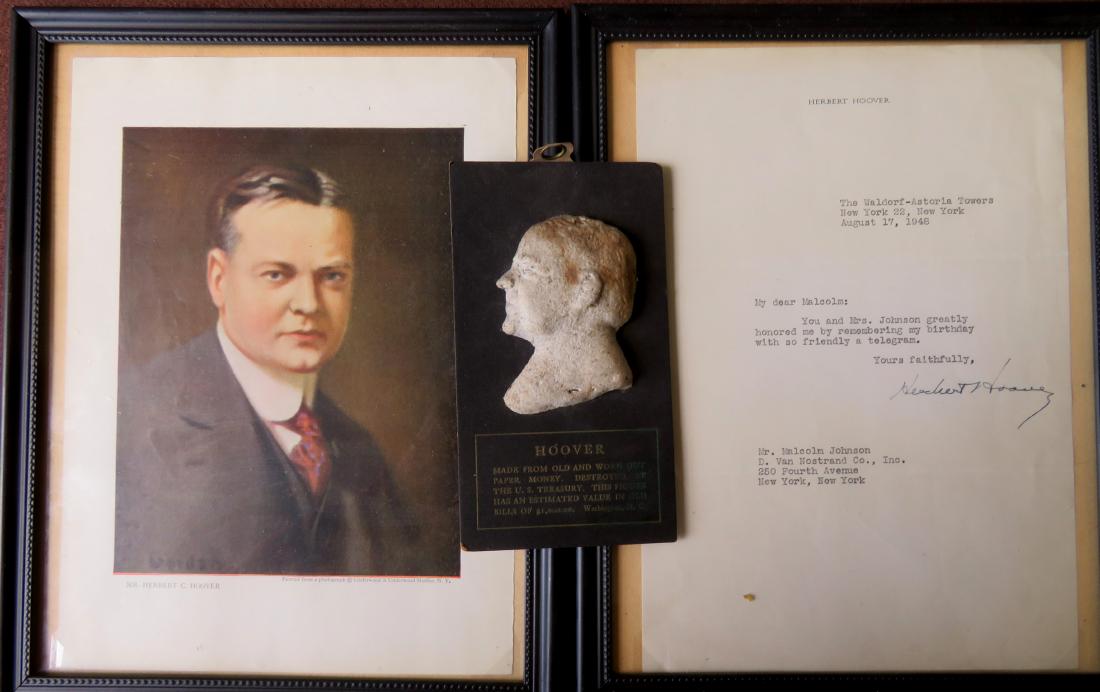 Three U.S. President Herbert Hoover collectibles: Three U.S. President Herbert Hoover collectibles including: 1) An early 20th century bust plaque made by the U.S. Treasury from $1,000 in actual macerated U.S. paper currency bills; 2) a 1948 typed le