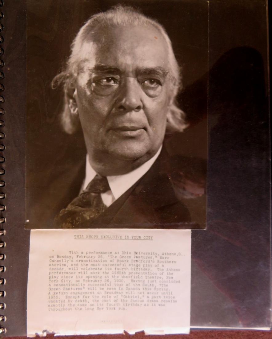 A grouping of African American theatrical/movie photo: A grouping of African American theatrical/movie photo lobby cards including: Movie "The Green Pastures" by Warner Bros. featuring Rex Ingram 1936; A photo portrait of Richard B. Harrison from the play
