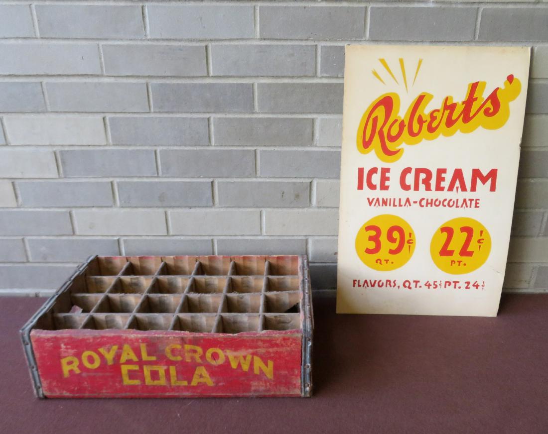 Two vintage advertising collectibles including a Royal: Two vintage advertising collectibles including a Royal Crown Cola wooden box slotted for 24 bottles, Poughkeepsie NY - original red and yellow paint - some wear to paint, but overall good condition; a