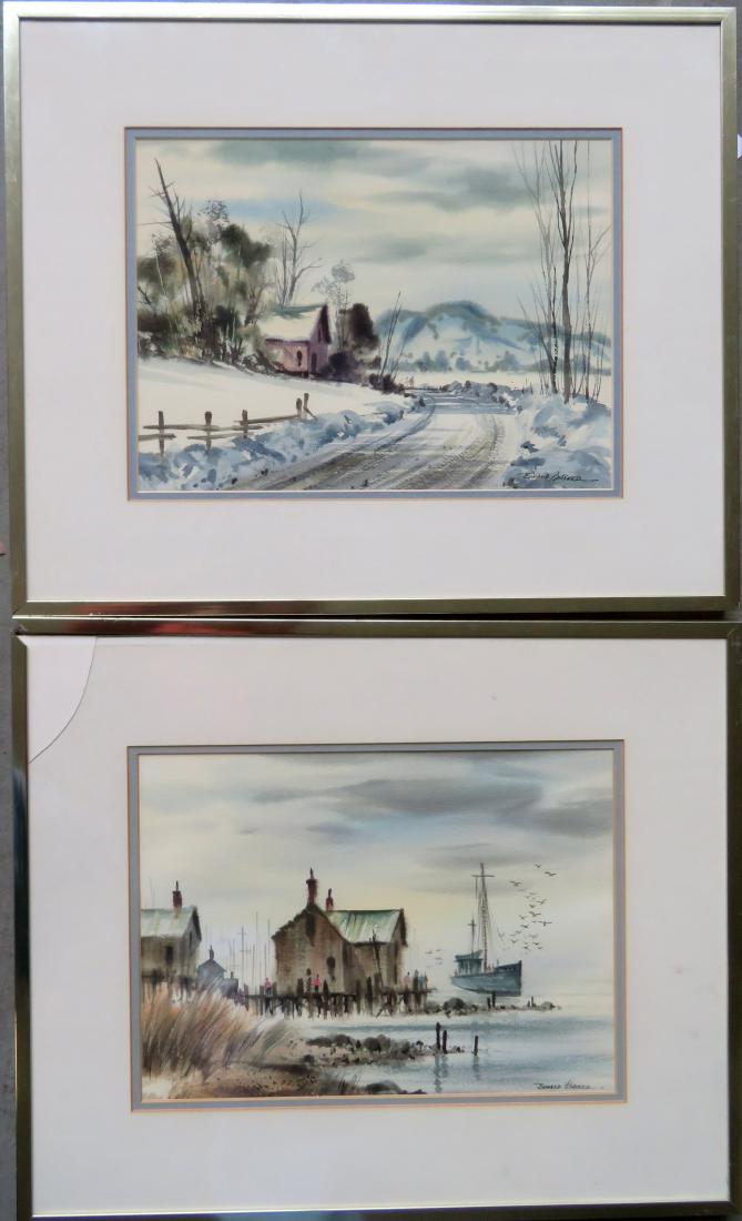 Edward Basker, Indiana 1908-1972. Pair of watercolors: Edward Basker, Indiana 1908-1972. Pair of watercolors signed Edward Basker, both double matted and framed. The first a winter landscape with farmhouse by road, and the second a harbor scene with build
