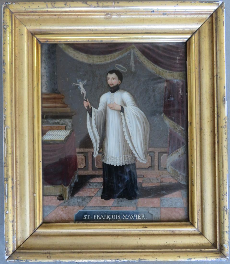 Reverse painting on glass depicting "St. Francois: Reverse painting on glass depicting "St. Francois Xavier". Very good condition in original lemon gold frame. 18th/19th century. Overall frame size 12" x 14". Provenance: From a private collection of C