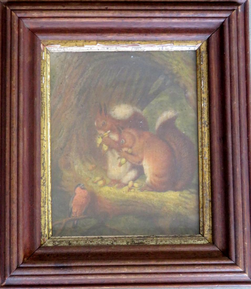 W/C Depicting 2 squirrels eating nuts with a bird: W/C Depicting 2 squirrels eating nuts with a bird looking on. Appears to retain original black walnut frame with gold inset. Late 19th century. Backboard replaced, but the artwork is in very good cond