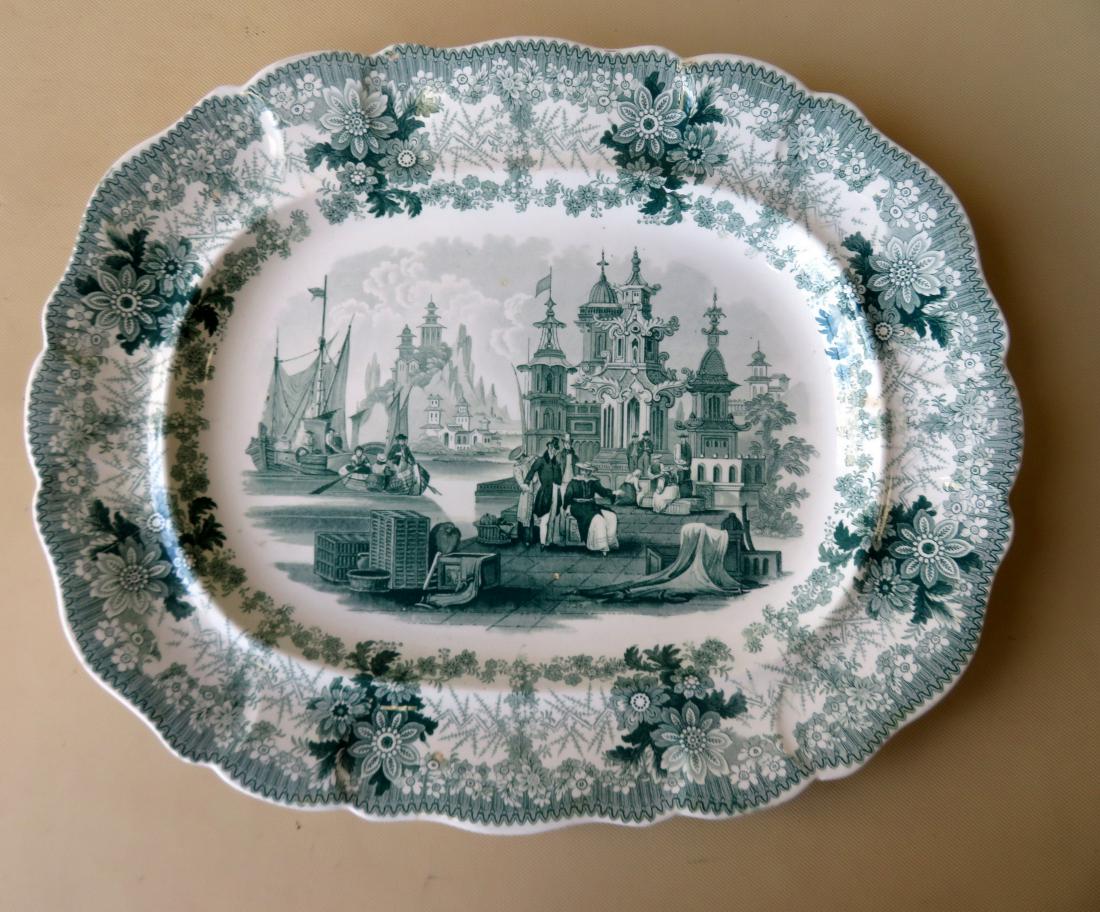 Staffordshire green & white transferware platter with: Staffordshire green & white transferware platter with scalloped border in the "Commerce" pattern with impressed mark "Alcock" over beehive on base. Samuel Alcock, Hill Pottery, Burslem c.1830-59. Exce