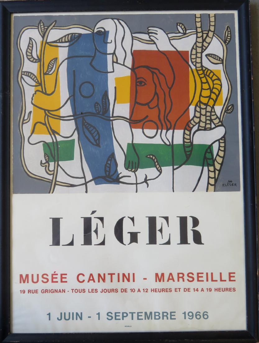 Fernand Leger (French 1881-1955) lithograph poster: Fernand Leger (French 1881-1955) lithograph poster entitled "Leger / Musee Cantini - Marseille", printed by Atelier Mourlot - very good condition. Sight size 27 3/4" x 20 1/8". The frame with wear on