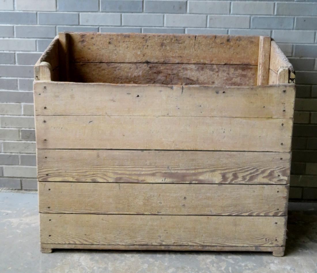 Large primitive mustard colored grain painted wood box: Large primitive mustard colored grain painted wood box with cut nail construction - exterior paint is slightly worn and interior of box with expected use wear - overall good condition - mid 19th centu