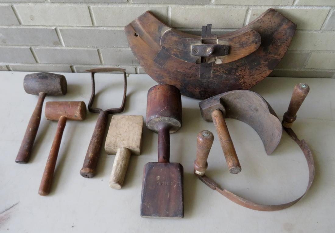 Grouping of 8 early tools including cooper tools.: Grouping of 8 early tools, including: Cooper's plane signed C.S. Little - Fulton St. NY; cooper's wooden hoop driving wedge; a foundry wooden sand casting rammer signed H.E. May; an iron scraper with 