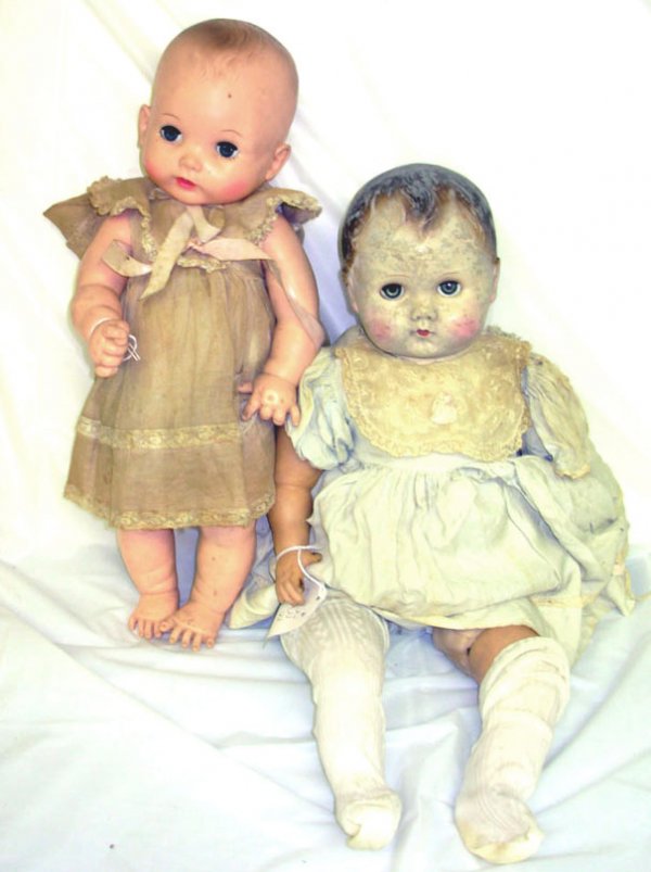 Lot of 2 Dolls, 16" vinyl marked Effanbee, original: Lot of 2 Dolls, 16" vinyl marked Effanbee, original clothes (stained), otherwise good condition, 20" plastic head, cloth & vinyl body, missing left arm, as is condition.