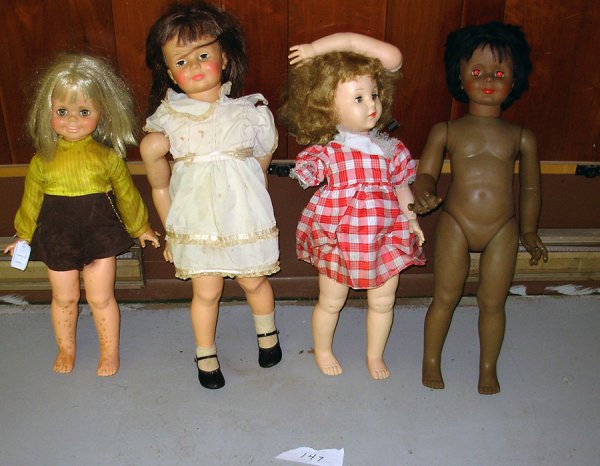 Lot of 4 Dolls, 35" Patty Playpal, marked on head: Lot of 4 Dolls, 35" Patty Playpal, marked on head G35, good condition, 30" walker, marked 1968 Ideal Toy, missing battery door, good condition, 34" unmarked black girl, good condition, 30" Effanbee Ma