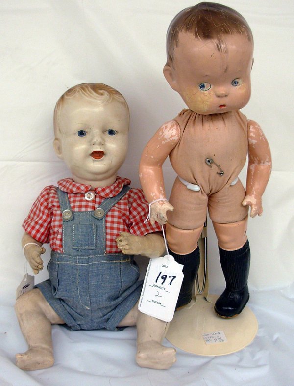 Lot of 2 - Composition Head Boy Dolls, 13" Skippy: Lot of 2 - Composition Head Boy Dolls, 13" Skippy Effanbee, composition arms, cloth middle, some flaking. 13" All Composition Baby, minor crazing to arms & legs.