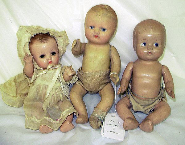 Lot of 3 Composition Baby Dolls, 1 marked Effanbee: Lot of 3 Composition Baby Dolls, 1 marked Effanbee Patsy Baby-ette, 2 unmarked, sizes from 8 to 9", fair condition.
