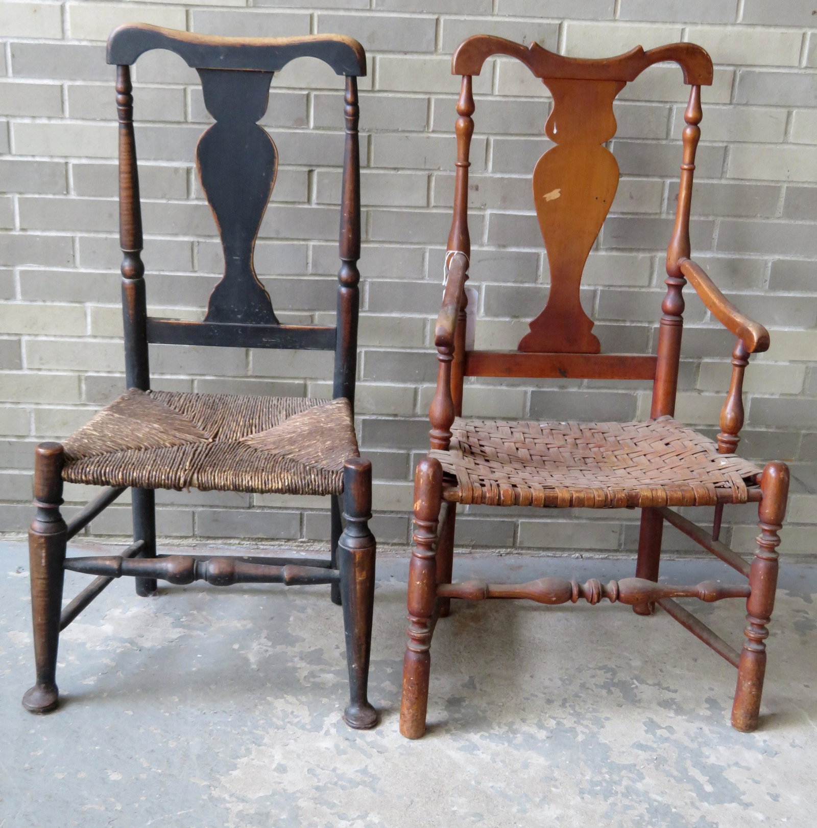 Country Queen Anne maple side chair with hoop skirt and: Country Queen Anne maple side chair with hoop skirt and original woven cane seat and what appears to be original natural finish, together with a good Hudson Valley Queen Ann country side chair in old 