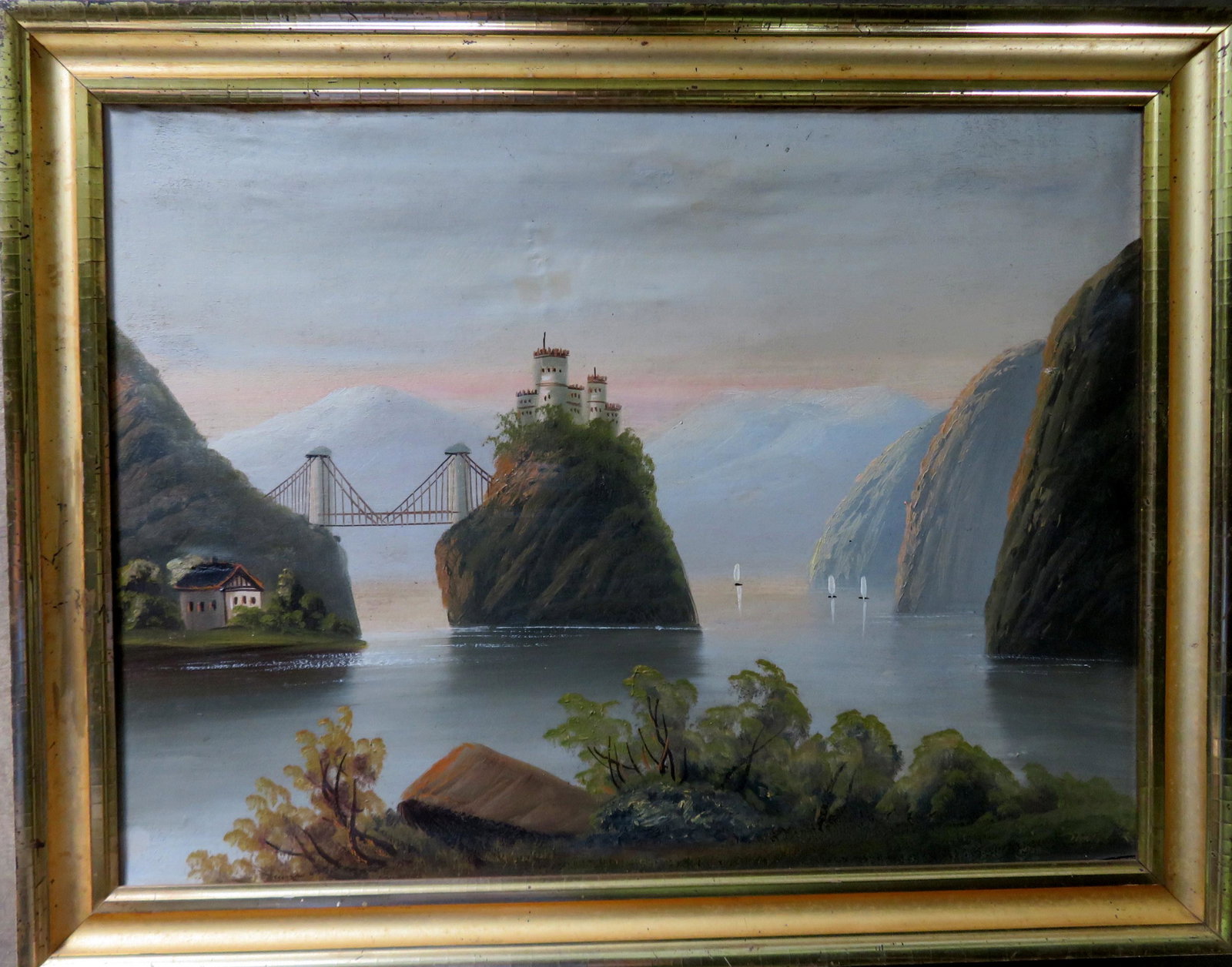 O/C Hudson River fantasy landscape depicting a bridge: O/C Hudson River fantasy landscape depicting a bridge leading to an island on river or lake with castle - sailboats near cliffs. Circa 1860. Appears to retain original lemon gold frame in very good co