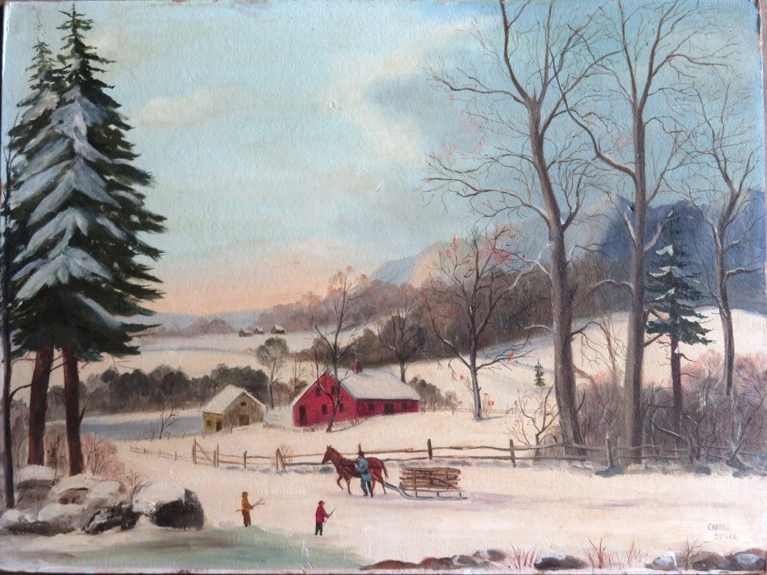 O/B Winter landscape: O/B Winter landscape depicting a man with horse drawn sled holding firewood and children with kindling wood, barns in the background - appears to be signed lower right Carol Eviler. Also signed on rev