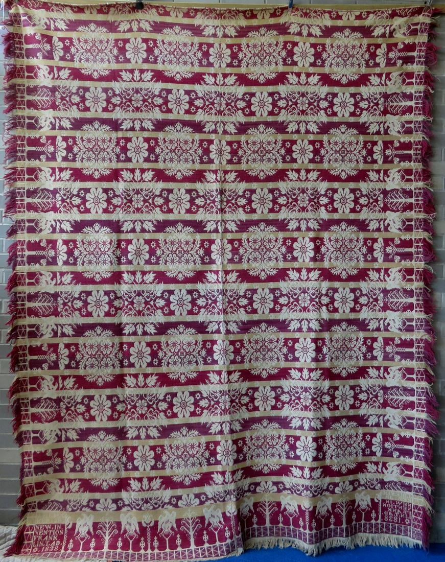 Beautiful Pennsylvania 2 piece coverlet in maroon,: Beautiful Pennsylvania 2 piece coverlet in maroon, beige, and white colors, signed "J. Biesecker. Jr. / New Invention / Franklin T. / AD * 1838" (Jacob Biesecker, well known weaver from Franklin Towns