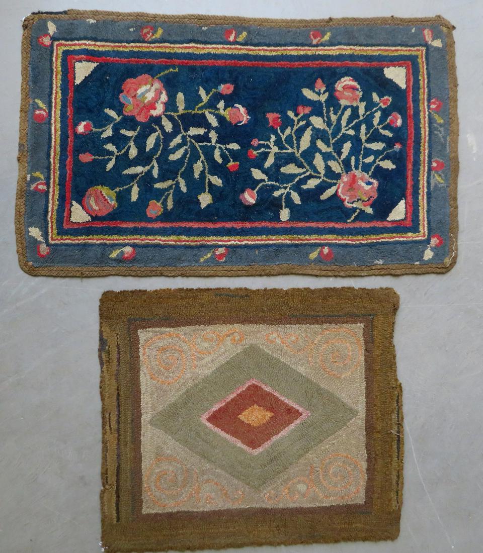 Two hooked rugs including: Diamond in Square pattern -: Two hooked rugs including: Diamond in Square pattern - 40" x 34" - small loss on one edge, else very good condition; and a rectangular shaped rug with a double braided border and having a central desi