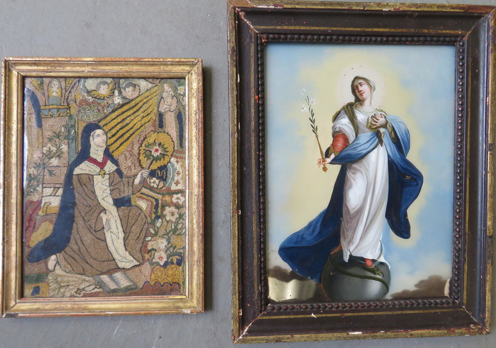 Two pieces of early religious artwork, 17th/18th: Two pieces of early religious artwork, 17th/18th century including: 1) Reverse painting on glass depicting a religious lady, probably Mary, holding a flower and a rabbit standing on serpent wrapped ar
