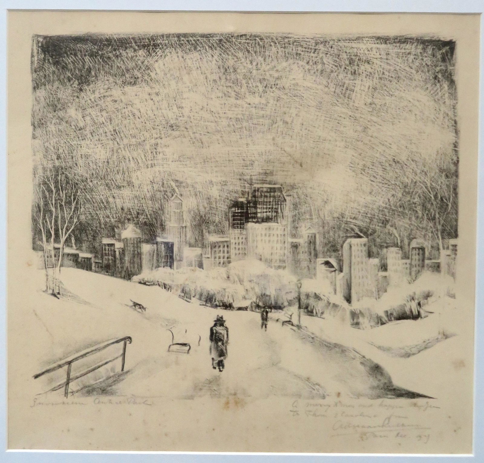 Adriaan Lubbers (USA/ Netherlands 1892-1954).: Adriaan Lubbers (USA/ Netherlands 1892-1954). Lithograph entitled "Snow scene Central Park.". Inscribed "A merry xmas and happy new year to Thom & Caroline from Adriann Lubbers. Paris dec. '34." . Sig