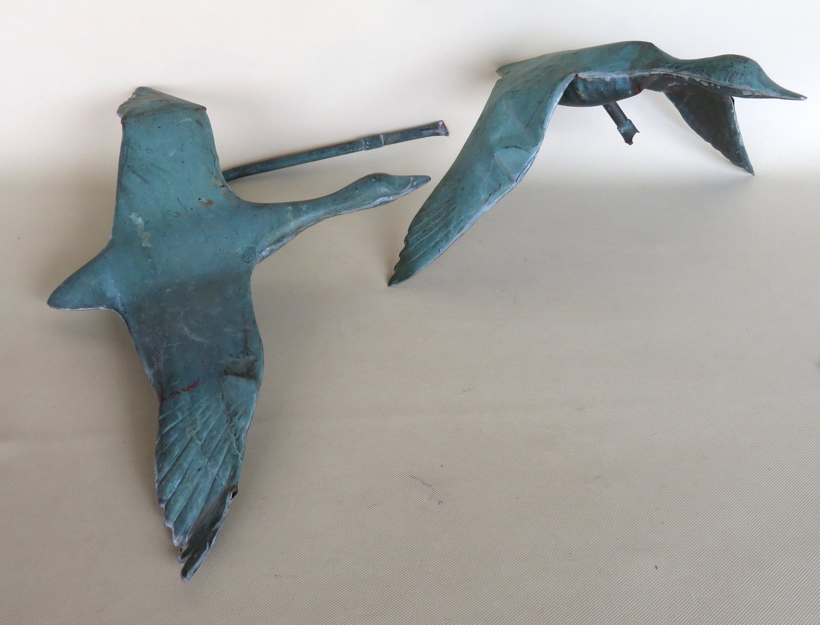 Two part full body copper weather of flying ducks with: Two part full body copper weather of flying ducks with impressed signature of "John Garret Thew / Norfolk Conn." and labeled "Mallard Pair / 1082". Mr. Thew is well known throughout the U.S. for his w